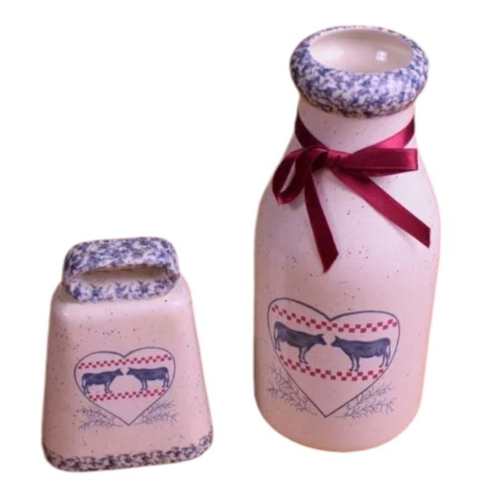 Antique Dairy Cow Vintage Milk Bottle & Cow Bell Rustic Kitchen Set
